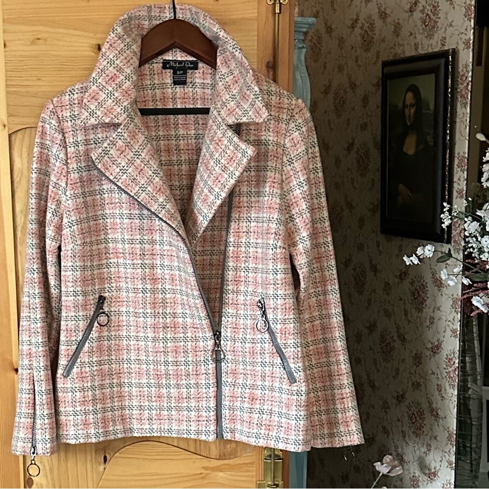 Michael Tyler Pink & Grey double breasted Plaid Jacket, size S, $50